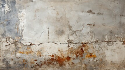  a concrete wall with a crack in the middle and a rusted paint line on the bottom of the wall and the bottom of the wall with a rusted paint chipping off part of the wall.