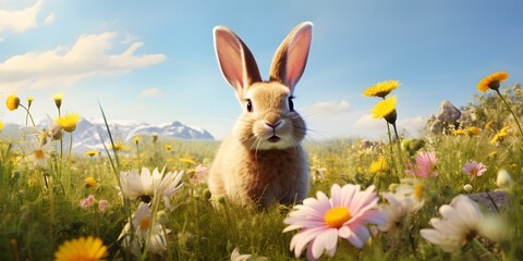 easter bunny in the spring meadow - obrazy, fototapety, plakaty