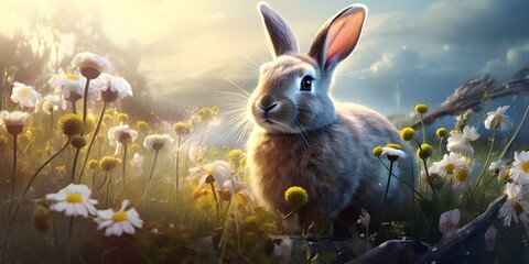 easter bunny in the spring meadow