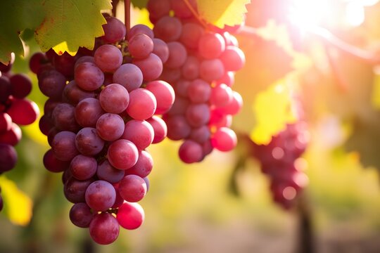 Soft focus image of a red bunch of grapes with shallow depth of field and blurred surroundings creating a vineyard atmosphere