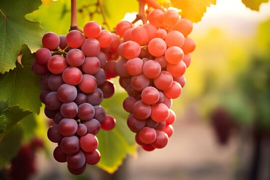Soft focus image of a red bunch of grapes with shallow depth of field and blurred surroundings creating a vineyard atmosphere