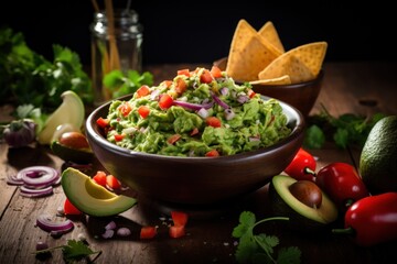  a bowl of guacamole surrounded by tortilla chips, avocado, tomatoes, onion, and cilantro on a wooden table with other ingredients.