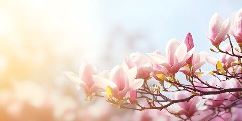 flowering magnolia blossom on sunny spring background, close-up of beautiful springtime flora, floral easter background concept with copy space