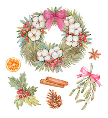 New Year, Christmas set of watercolor illustrations: Christmas wreath with fir branches and cotton, sprigs of mistletoe, spices.