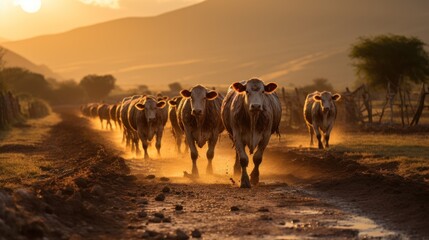  a herd of cows walking down a dirt road next to a lush green hillside covered in a yellow sun setting behind a hill covered with trees and a line of hills.