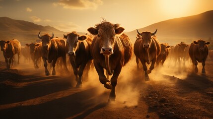  a herd of cattle running down a dirt road in front of a mountain range with the sun shining on the mountains in the backgrould, with dust in the foreground. - obrazy, fototapety, plakaty