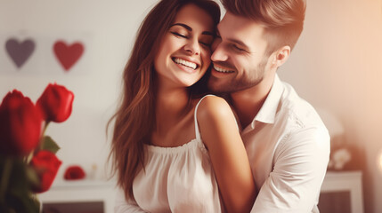 Young couple in love at home. Man and woman laughing and hugging. Relationship, Valentine's Day, love, happy marriage concept. For banner, billboard