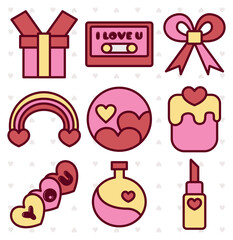 Vector set Illustration of Valentine's Day elements, icons, and romantic symbols of love with line art and colorful style