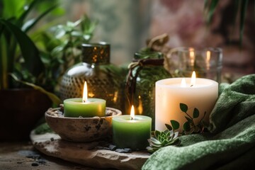  a couple of lit candles sitting on top of a table next to a potted plant and a potted plant on top of a wooden tray on a table.