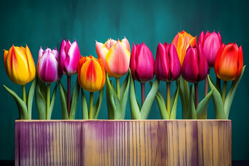 Colorful Tulips In A Wooden Box, A Group Of Colorful Tulips In A Wooden Box