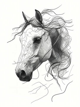 A Line Art Drawing Of A Horses Face, A Horse With Long Hair