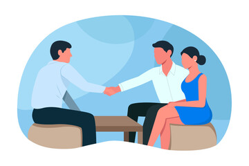 Business man shaking hand. Business partners closing deal. Hiring and cooperation concept. Meeting of business people. Flat vector illustration.