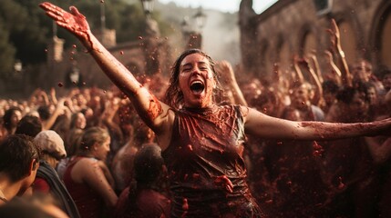 Candid Shot of Haro Wine Festival Wine Battle, Spain, Wine Splashing, Festive Revelry, Spanish Tradition