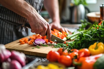 vegetables getting chopped on a desk in bright kitchen 