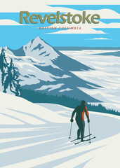 revelstoke mountain ski resort vintage poster background design, british columbia canada travel poster design