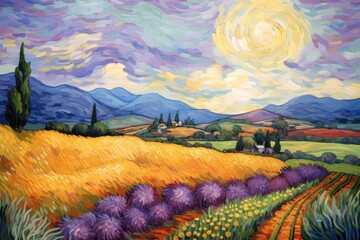  a painting of a yellow field with lavenders and trees in the foreground and a blue sky with clouds in the background, with a yellow and purple field with yellow flowers in the foreground.
