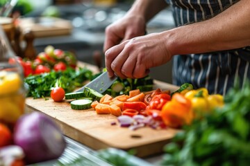 vegetables getting chopped on a desk in bright kitchen 