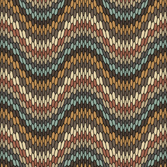 Seamless repeating pattern with horizontal wavy lines made up of small multicolored hexagons on a black background. Modern striped texture. Abstract geometric design in mosaic style.