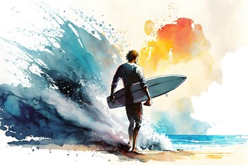 watercolor surfing lifestyle - obrazy, fototapety, plakaty