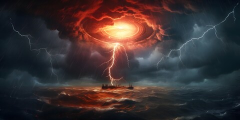 lightning in the cyclone, symbol for impending doom, disaster is coming, concept with copy space - obrazy, fototapety, plakaty