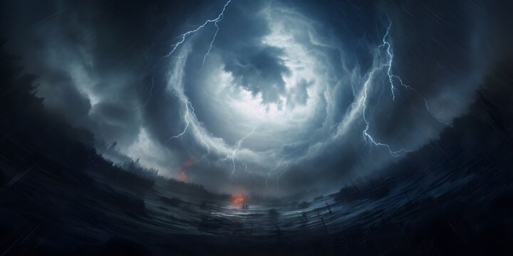 lightning in the cyclone, symbol for impending doom, disaster is coming, concept with copy space