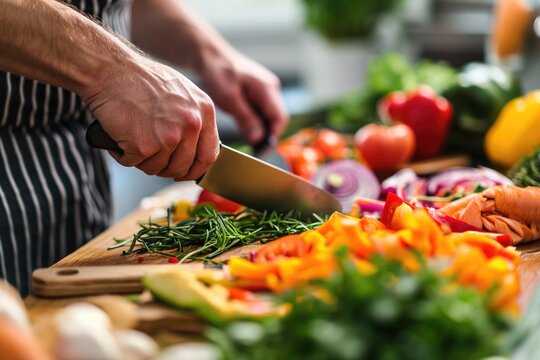 vegetables getting chopped on a desk in bright kitchen 