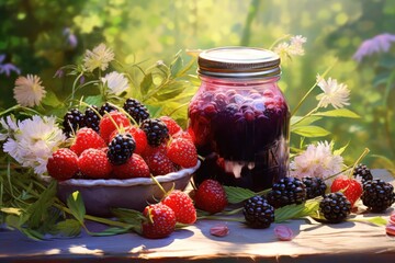  berries, raspberries, and a jar of jam sit on a table in front of a bouquet of wildflowers and a jar of raspberries.