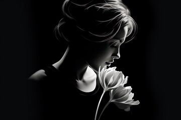  a black and white photo of a woman with a flower in her hand and a black background with the image of a woman holding a flower in her left hand.