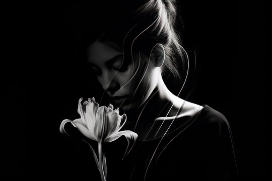  a black and white photo of a woman with a flower in her hand and the image of a woman with a flower in her hand is shown on a black background.