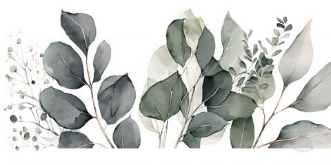 minimalist watercolor eucalyptus leaves border on top of white background