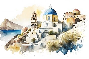 watercolor santorini scene on white background - obrazy, fototapety, plakaty