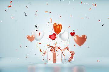 Colorful heart shape balloons and confetti flying from gift box. Anniversary celebration concept. 3D render