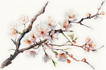 watercolor sakura tre branch on white background - obrazy, fototapety, plakaty