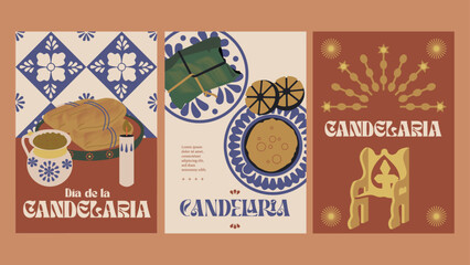 Conjunto de tarjetas postales, póster. Set de garabatos iconos día de la candelaria. Festividad mexicana. 2 de febrero, tamales oaxaqueños, chocolate caliente. - obrazy, fototapety, plakaty