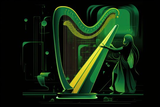  a green and yellow harp with a woman standing next to it in front of a black background with a green and yellow design on the front of the harp is a.