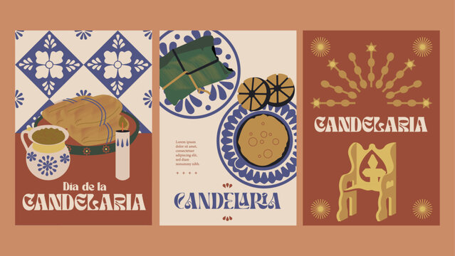 Conjunto de tarjetas postales, p&oacute;ster. Set de garabatos iconos d&iacute;a de la candelaria. Festividad mexicana. 2 de febrero, tamales oaxaque&ntilde;os, chocolate caliente.