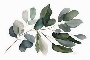 minimalist watercolor eucalyptus leaves on top of white background