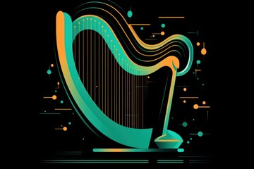  a harp on a black background with a blue and orange design on the front of it and a green and orange design on the back of the front of the harp.