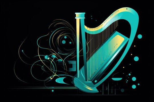  a painting of a harp on a black background with a blue and yellow design on the bottom of the image and the bottom half of the harp on the bottom half of the image.