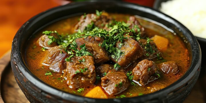Seco de Cabrito: A dining scene featuring a tender goat stew with herbs and Aji Amarillo - Tender Goat Stew Culinary Bliss - Soft, warm lighting to convey the hearty and aromatic nature 