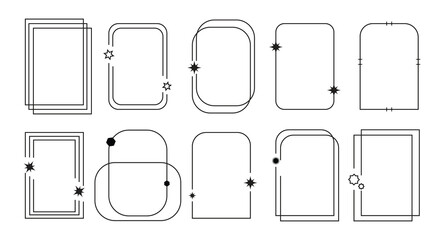 11 Set of Y2K border line frames with stars, labels, stickers, abstract wavy and circle elements.