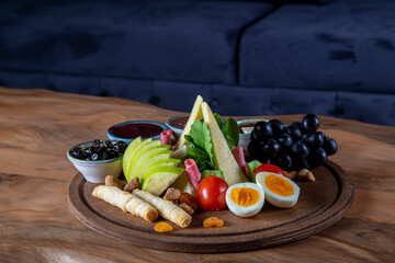 Traditional Turkish breakfast on wooden plates,top view