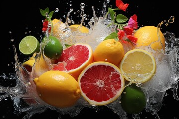  a bunch of lemons, grapefruits, and limes are splashing into a glass of water on a black background with red flowers and green leaves.