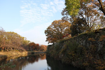 Himeji Castle moat and autumn leaves in dusk, in Himeji, Japan