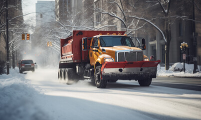 Orange trucks snow plows with forest tree background. Snow plow pickup trucks equipped for winter weather and efficient snow removal operations on city streets.