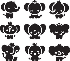  Elephant collection, Set of editable vector silhouettes icon in various poses