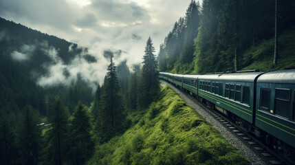 Retro steam train rushes along the railway track in forest. - obrazy, fototapety, plakaty
