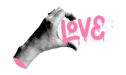 Collage hand with halftone effect holding graffiti lettering LOVE. Cut out palm holds a love word. Vector modern illustration © LanaSham