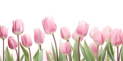 white pink tulip field isolated on white background, close-up from diagonally below, spring concept happy easter