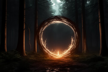 A portal in the night magic forest. AI